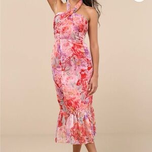 Lulu's Pink and Red Floral Midi Dress